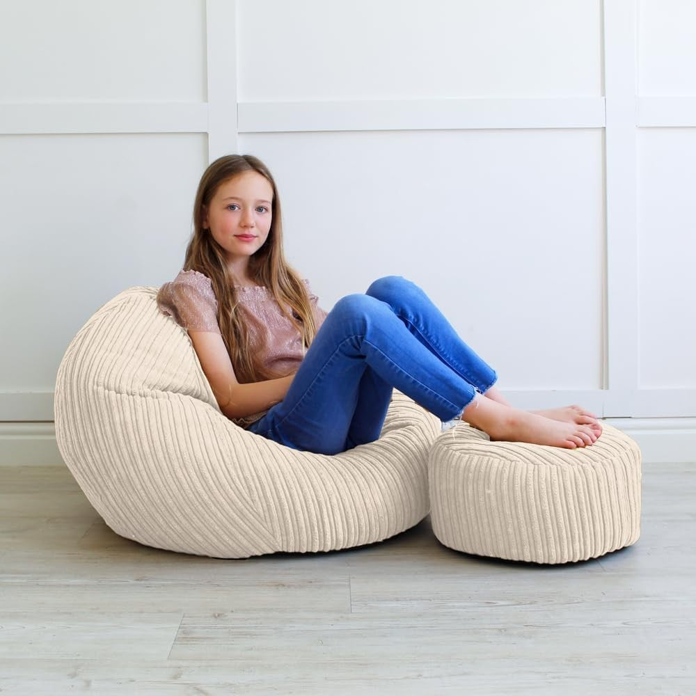 Kids Cord Bean Bag Chair - Soft Mini Slouch Seat, Ivory, Washable, 60x80cm