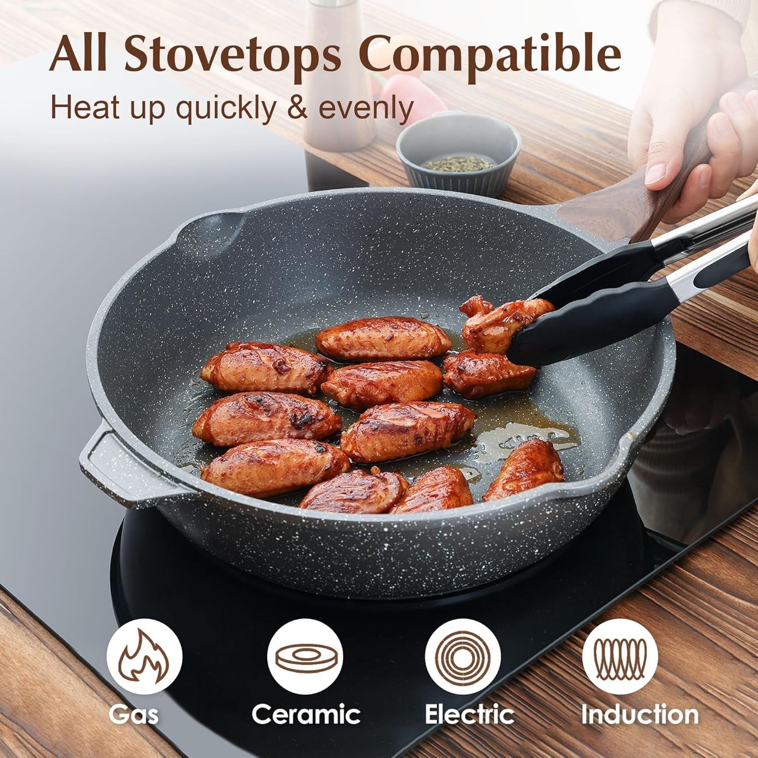 28cm Grey Deep Non stick Saute Pan with Lid 4.8 L  Skillet Induction Compatible