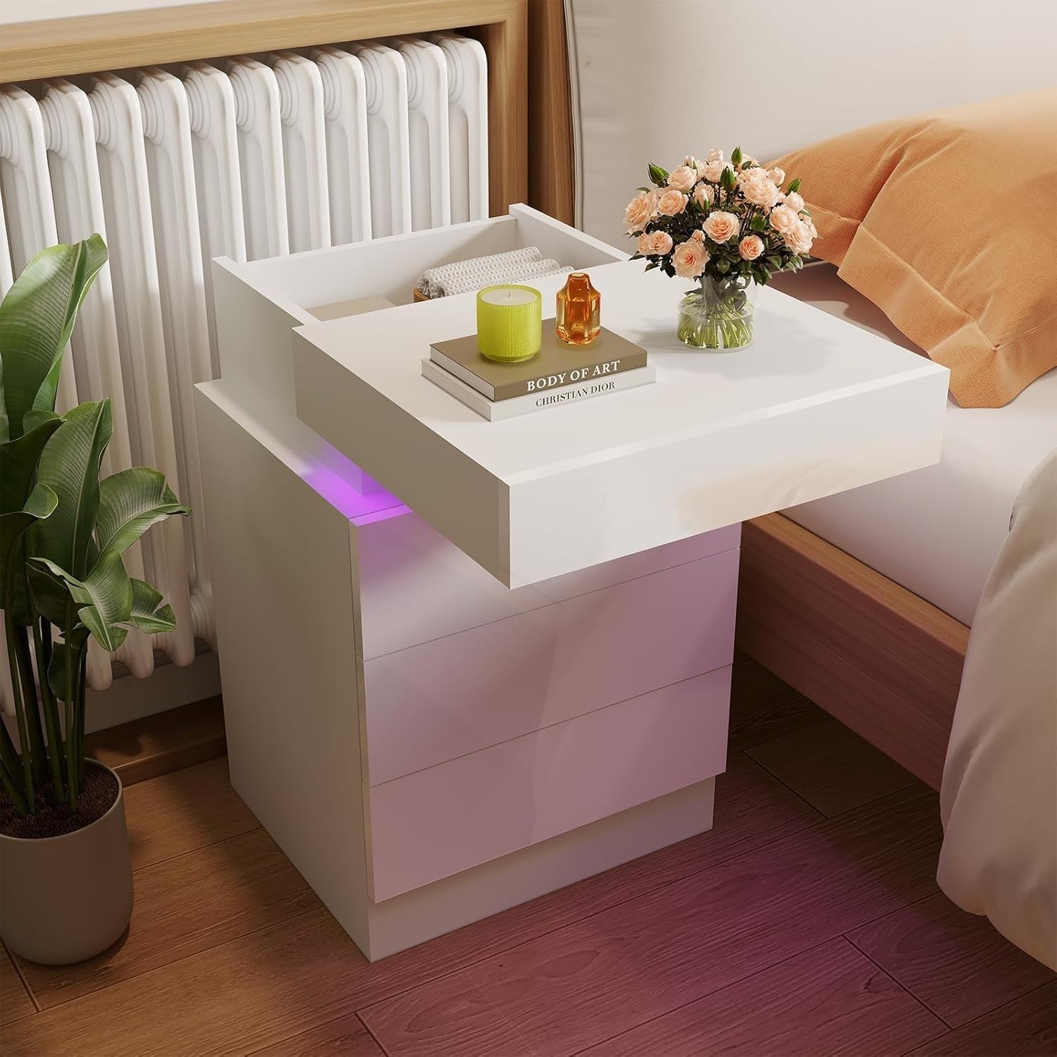 Modern Gloss White Bedside Cabinet with LED Lights, USB Charging Ports