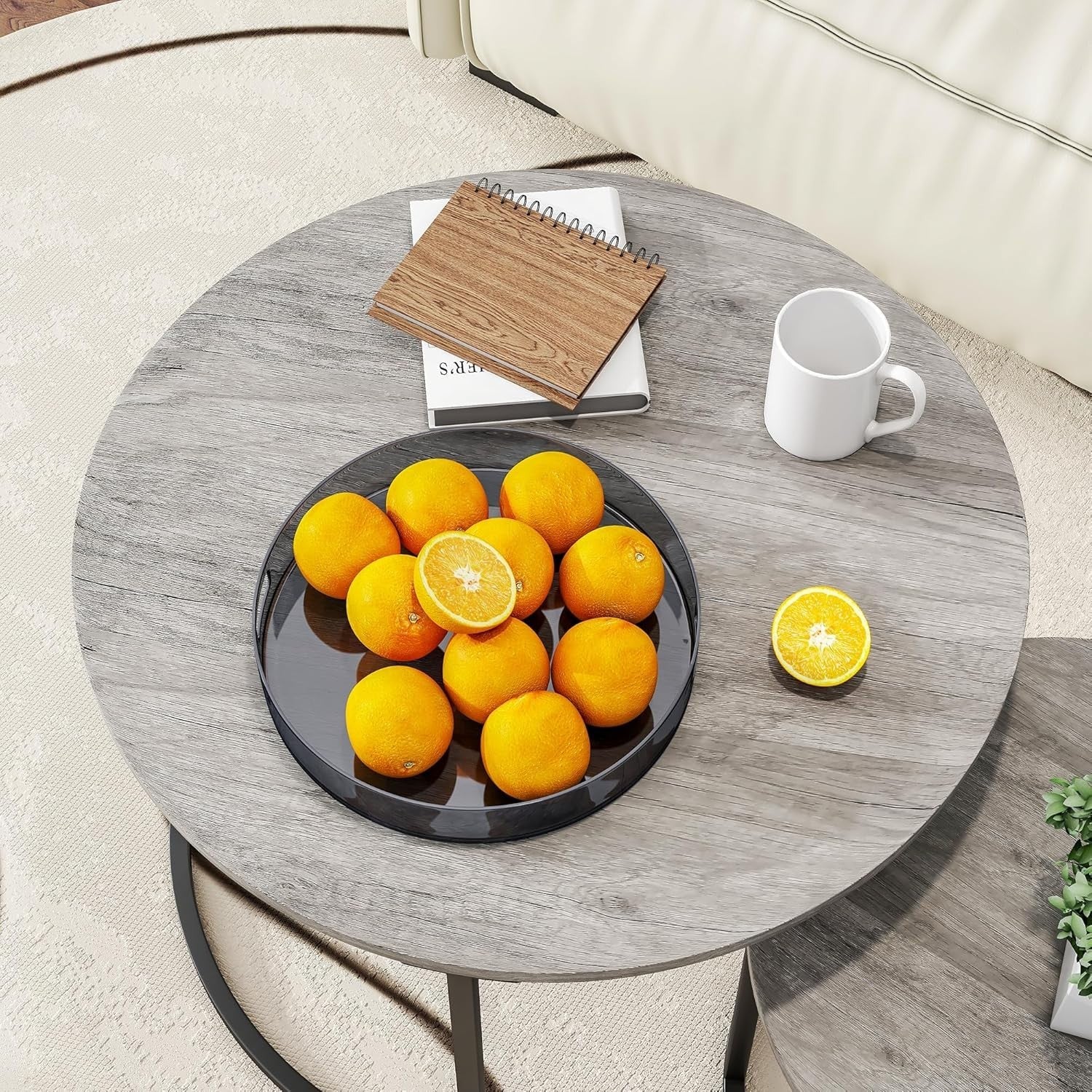 Round Nesting Coffee Table Set of 2 Modern Space-Saving Side Tables with Storage