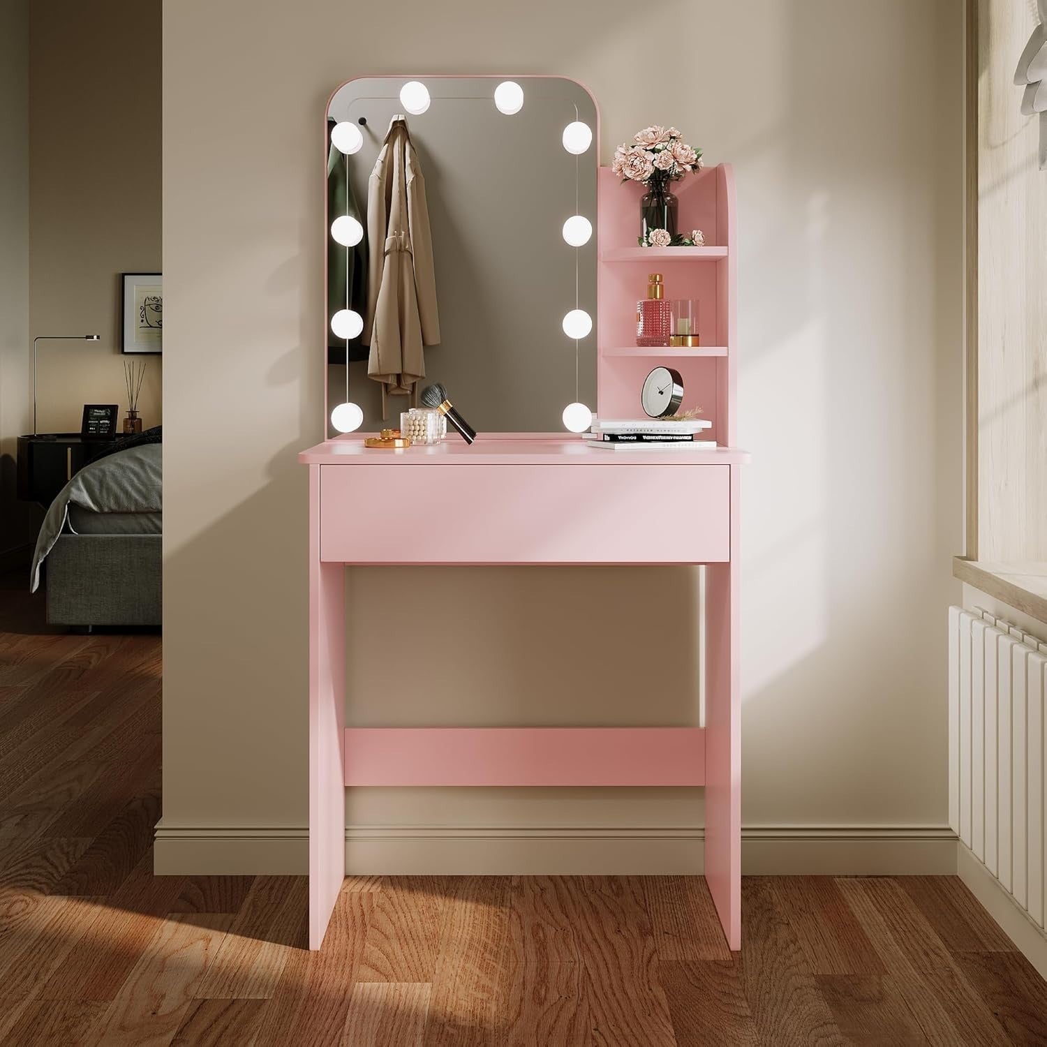 Pink Vanity Makeup Dressing Table Mirror Set Hollywood LED Lights Drawer 66x140c