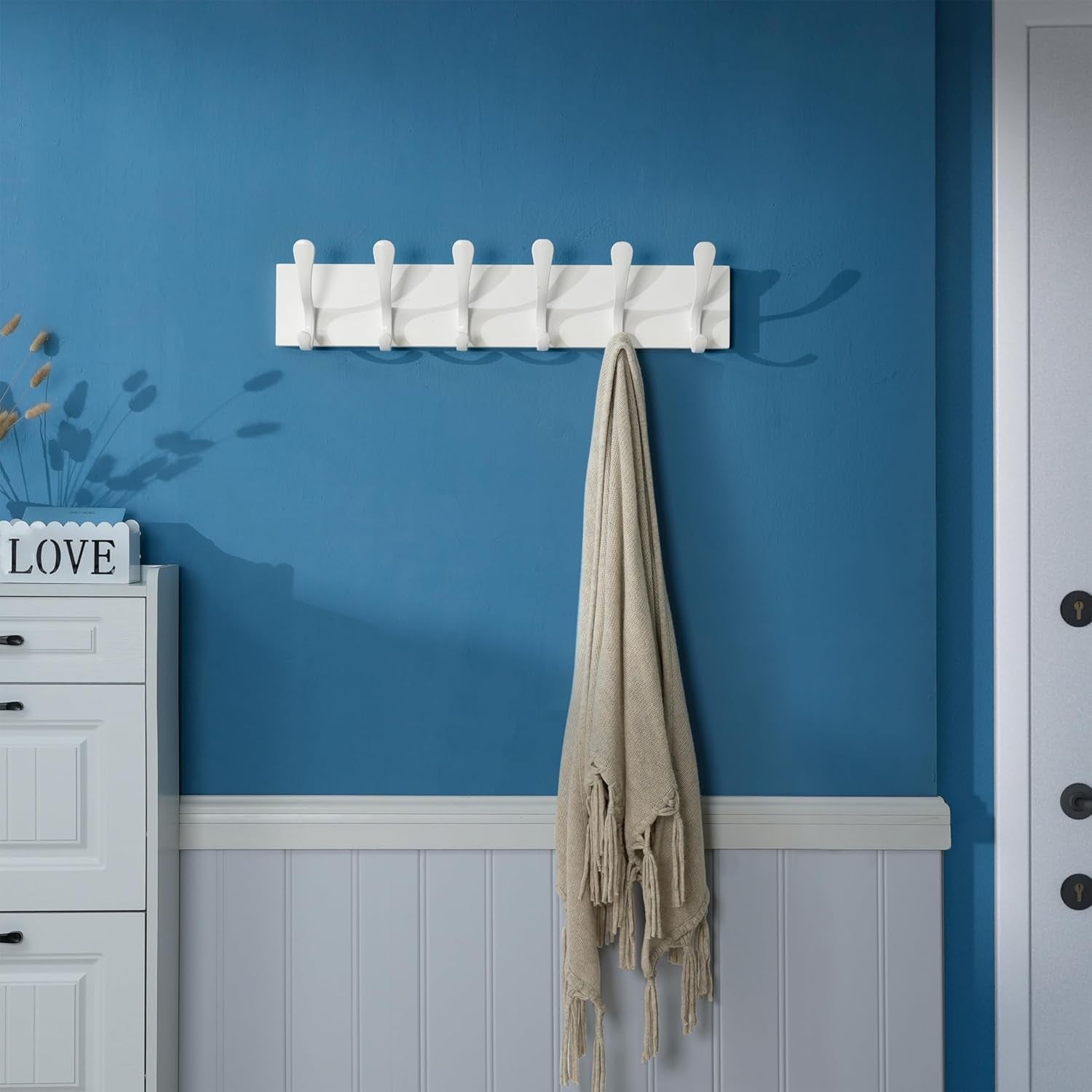 White Wall Coat Rack Set | 2x 6 Hook Wooden Hanger Racks Modern Minimalist