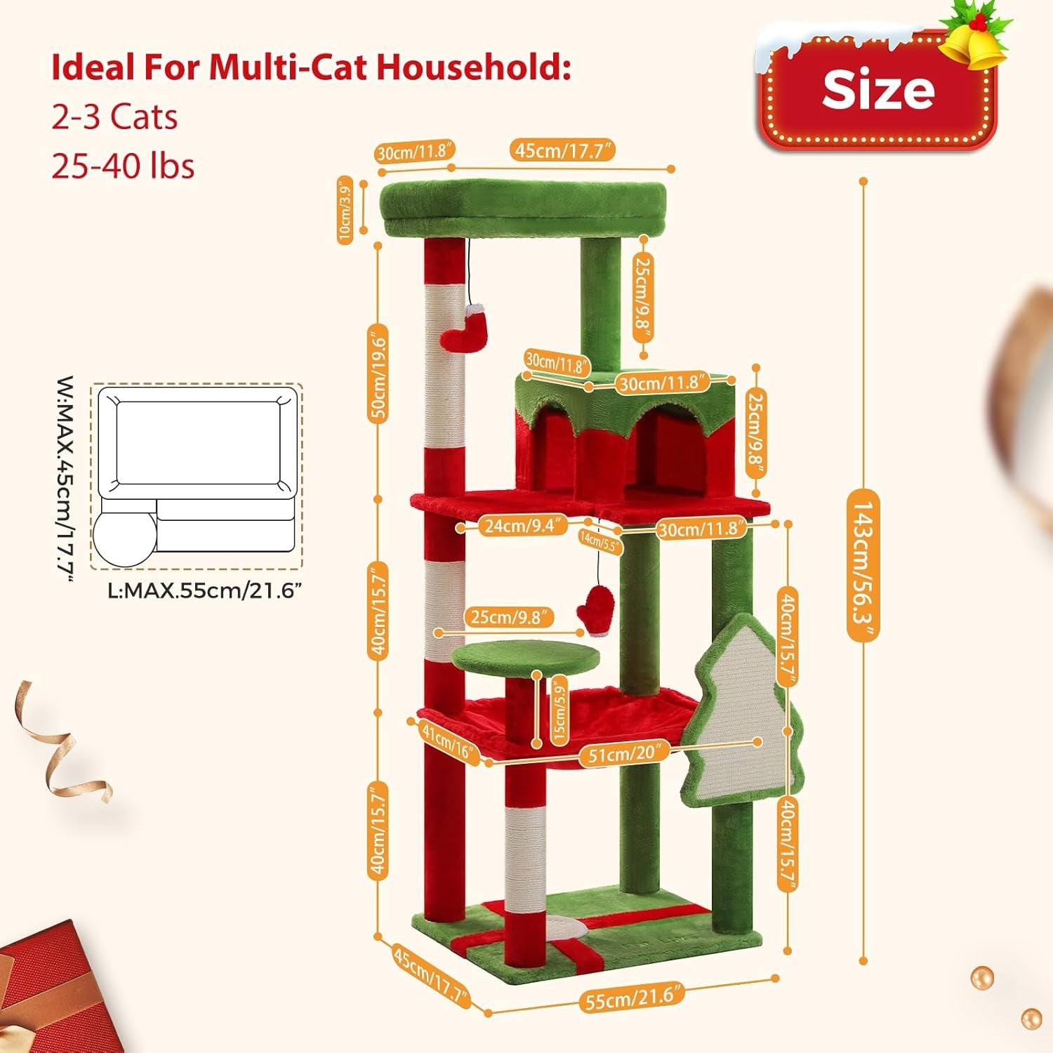 Large Cat Tree Tower 143cm Level Scratching Posts Hammock Condo