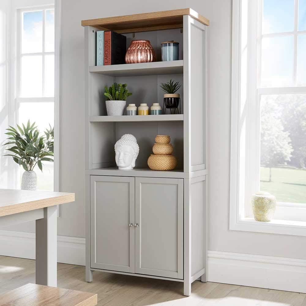 Tall Display Bookcase Cupboard 3 Shelf 2 Door Storage Unit Grey Oak