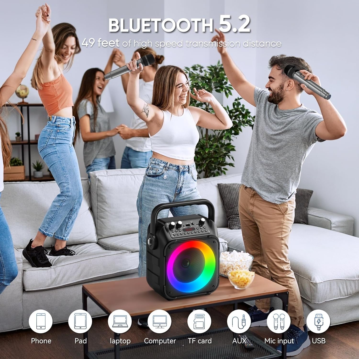Karaoke Machine with 2 Wireless Mics Bluetooth Speaker LED 15W