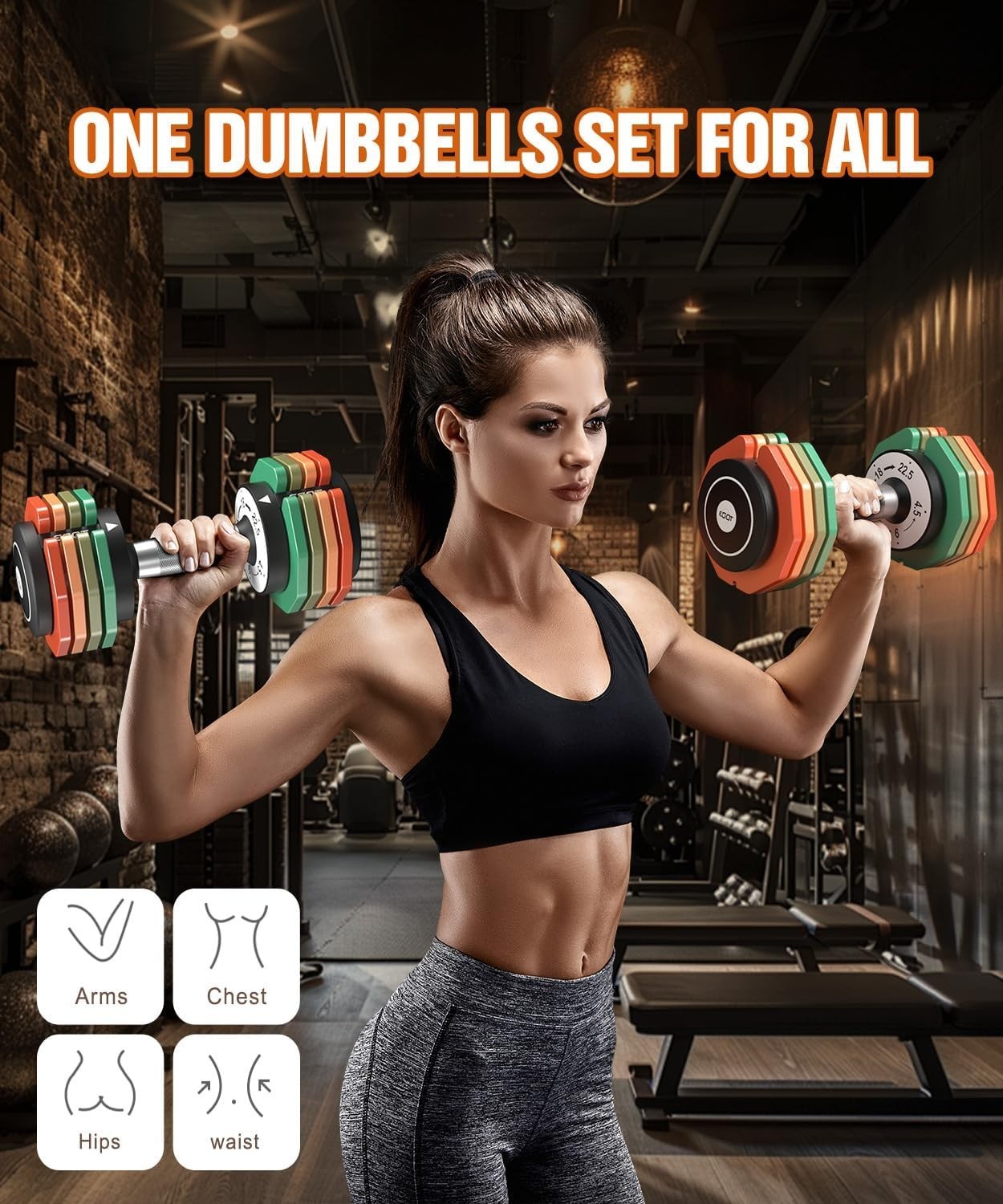 5-in-1 Adjustable Dumbbells Pair 10.2KG Rainbow Plates Non-Slip Home Gym