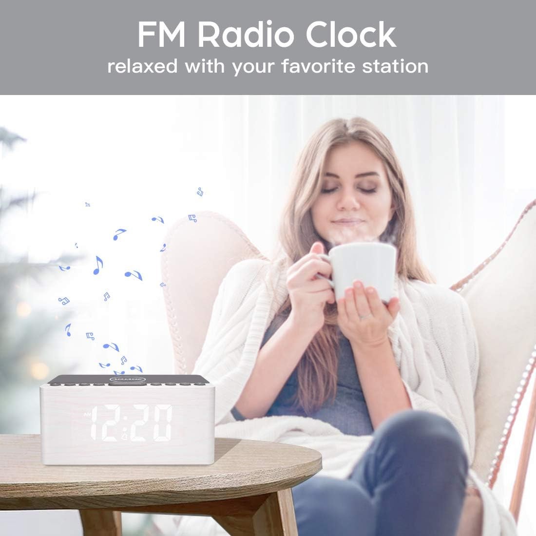Wireless Charging Alarm Clock FM Radio USB Dimmable LED Wooden Bedside