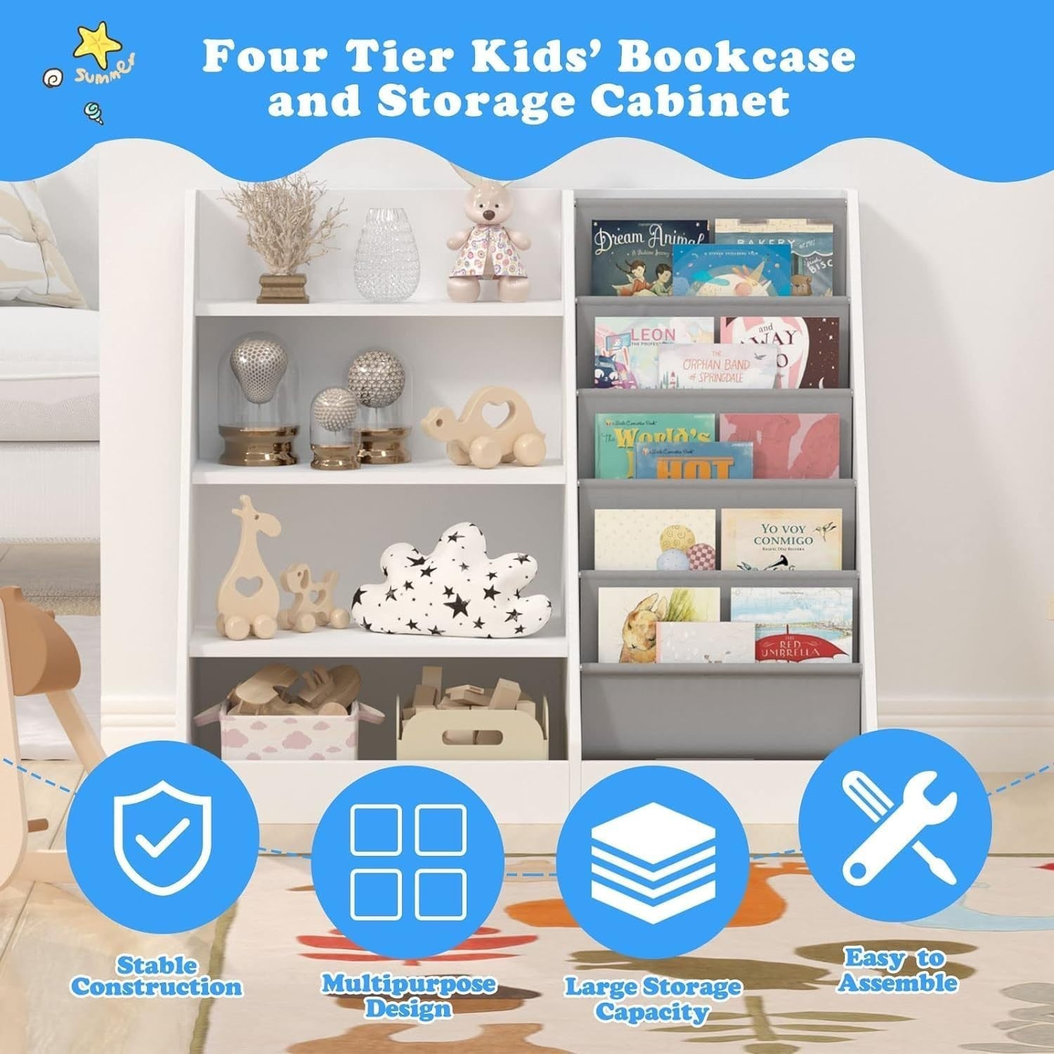 Kids Bookshelf with 5 Sling Pockets & 4 Shelves – Wooden Toy Organizer White