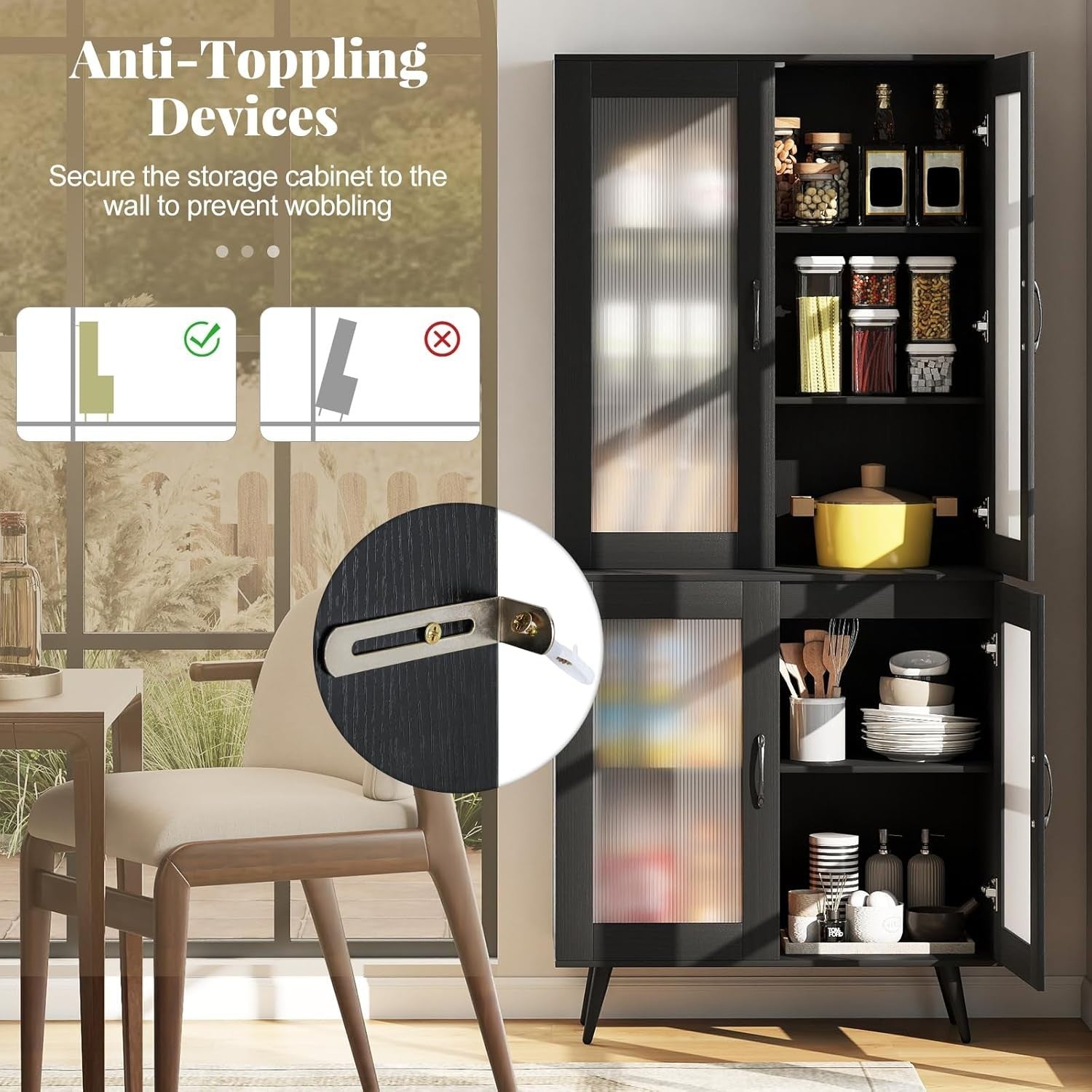 5-Tier Kitchen Cupboard Black with 4 Doors Adjustable Shelf Storage