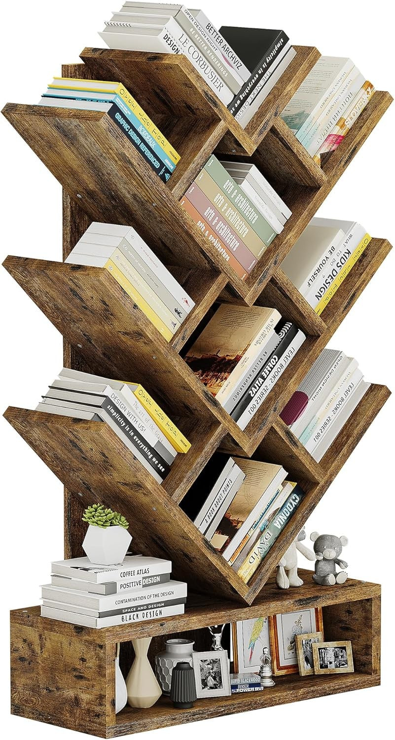 Rustic Brown Tree Bookshelf | 8-Tier Space-Saving Vertical Bookcase for Living