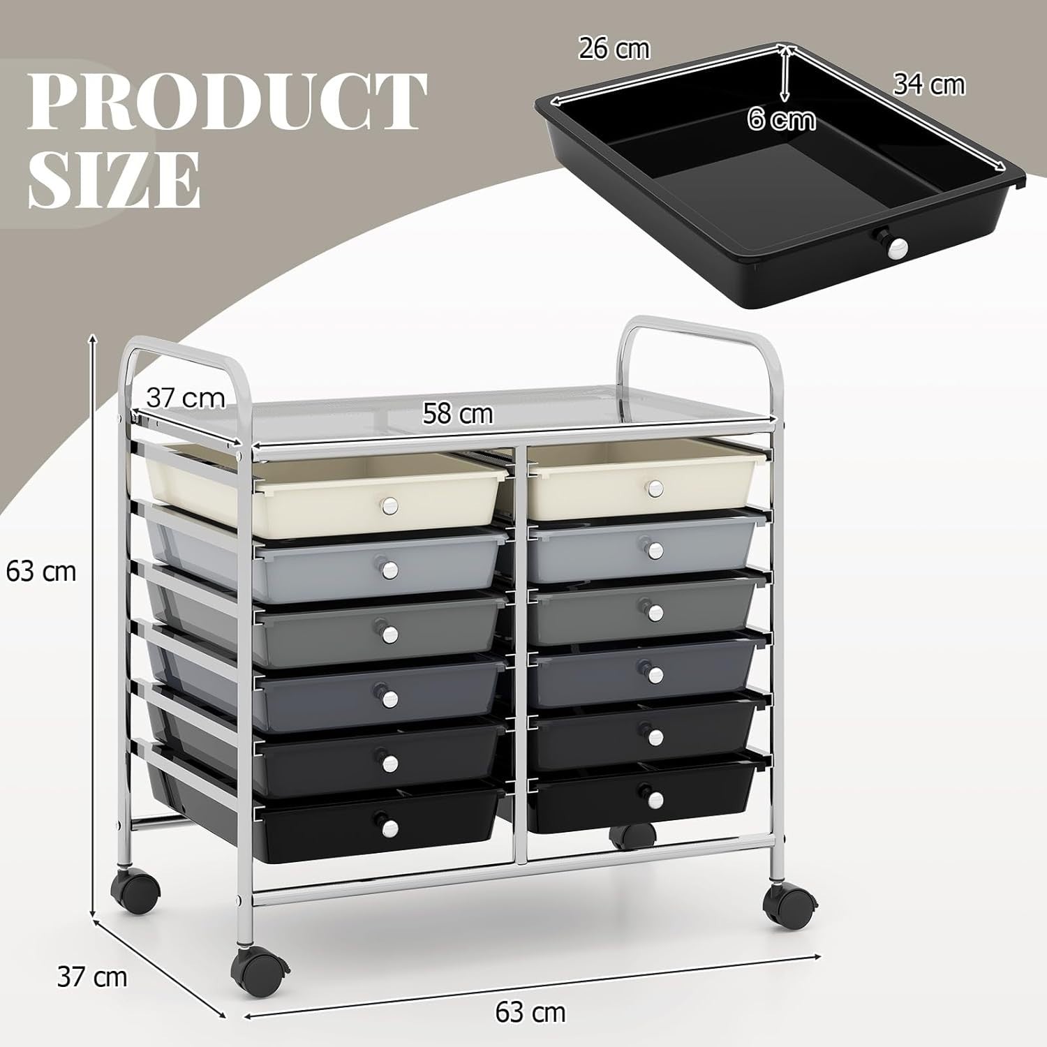 12 Drawer Rolling Storage Cart Gray Utility Trolley Organizer Wheels