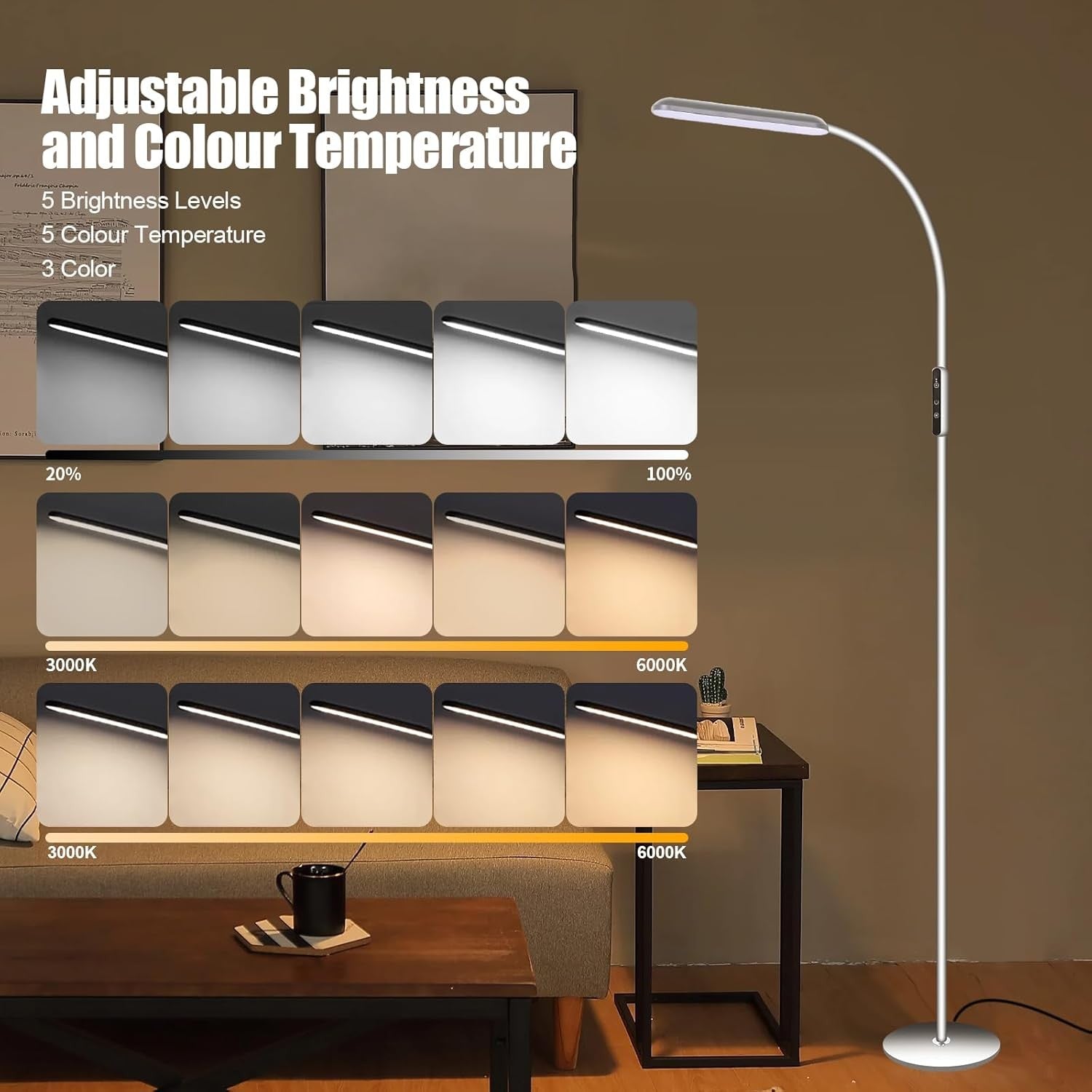 LED Floor Lamp Dimmable Reading Light Touch Control Adjustable Gooseneck