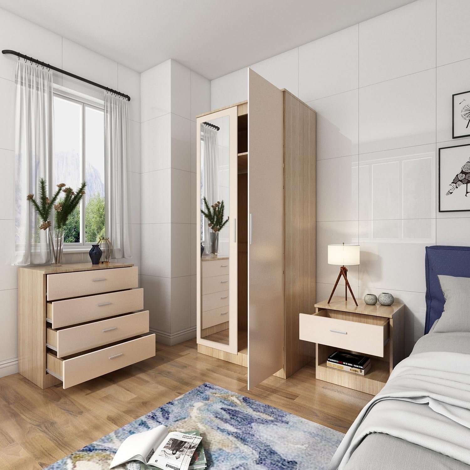 Cream Oak 2 Door Wardrobe with Mirror Soft Close High Gloss Storage 178cm