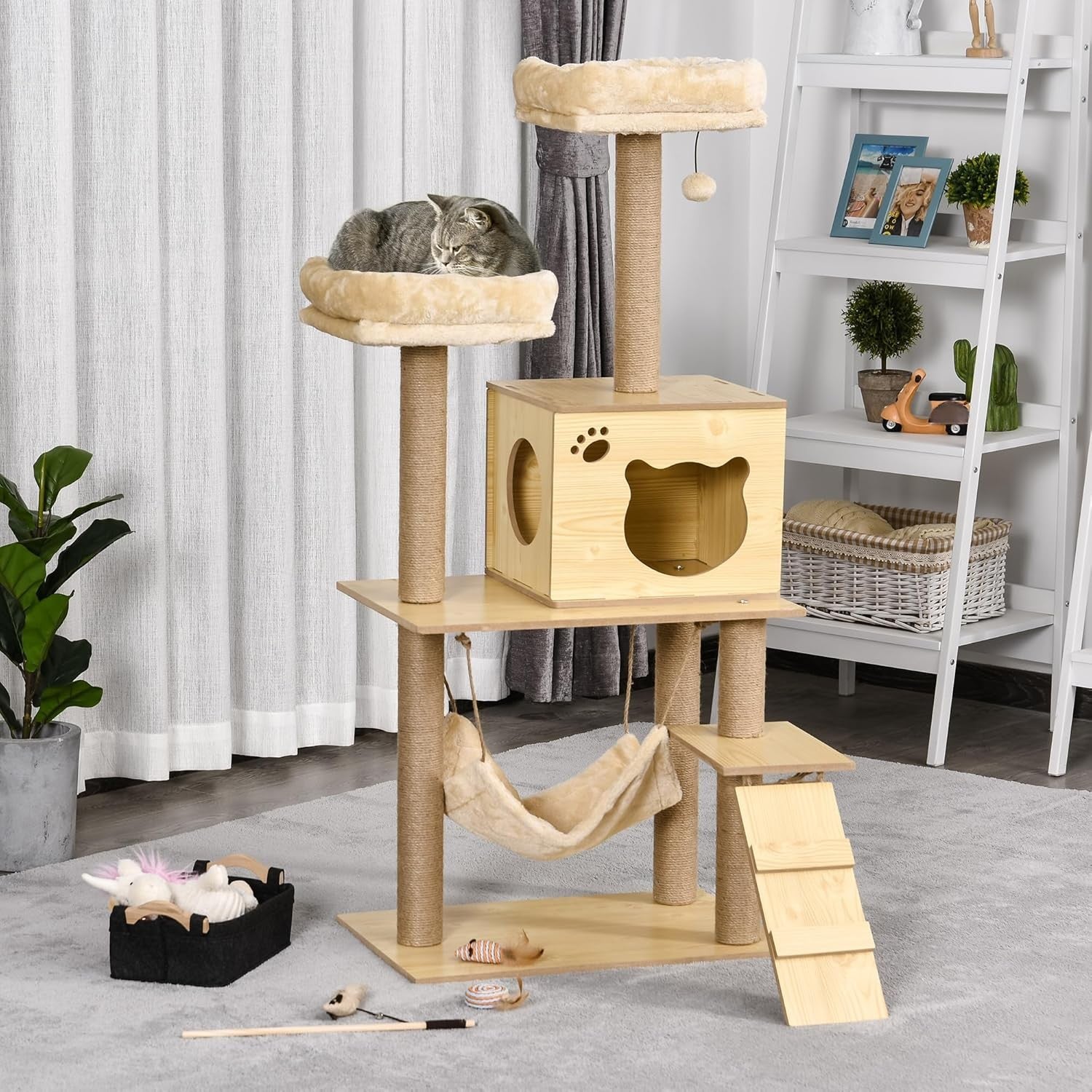 Large Cat Tree Tower 130cm Wooden Multi Level Scratching Posts Hammock Condo