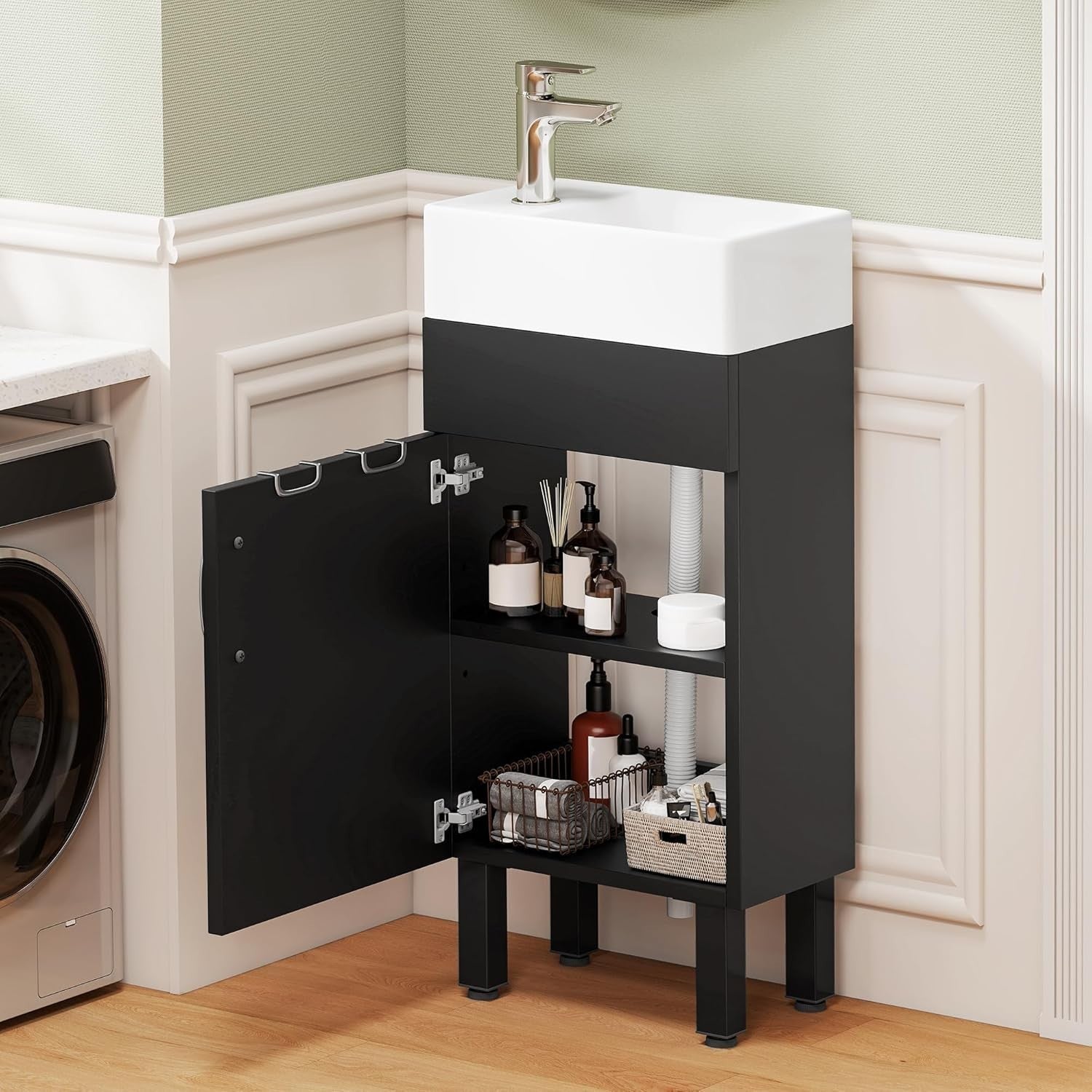 Under Sink Bathroom Vanity Cabinet with Basin & Storage 86.5cm Black