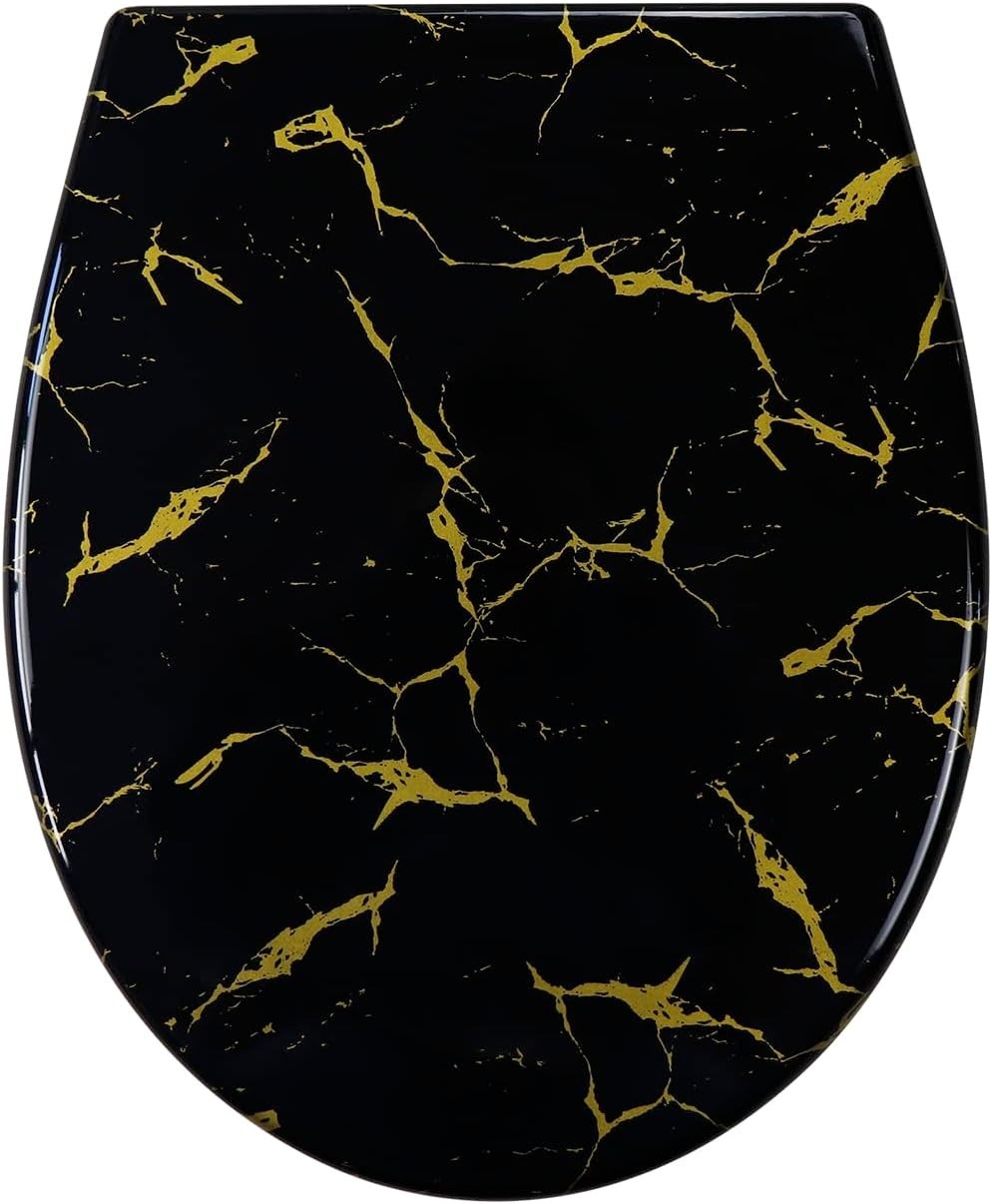 Black Toilet Seat Soft Close Quick Release Gold Glitter Duroplast 45x37cm