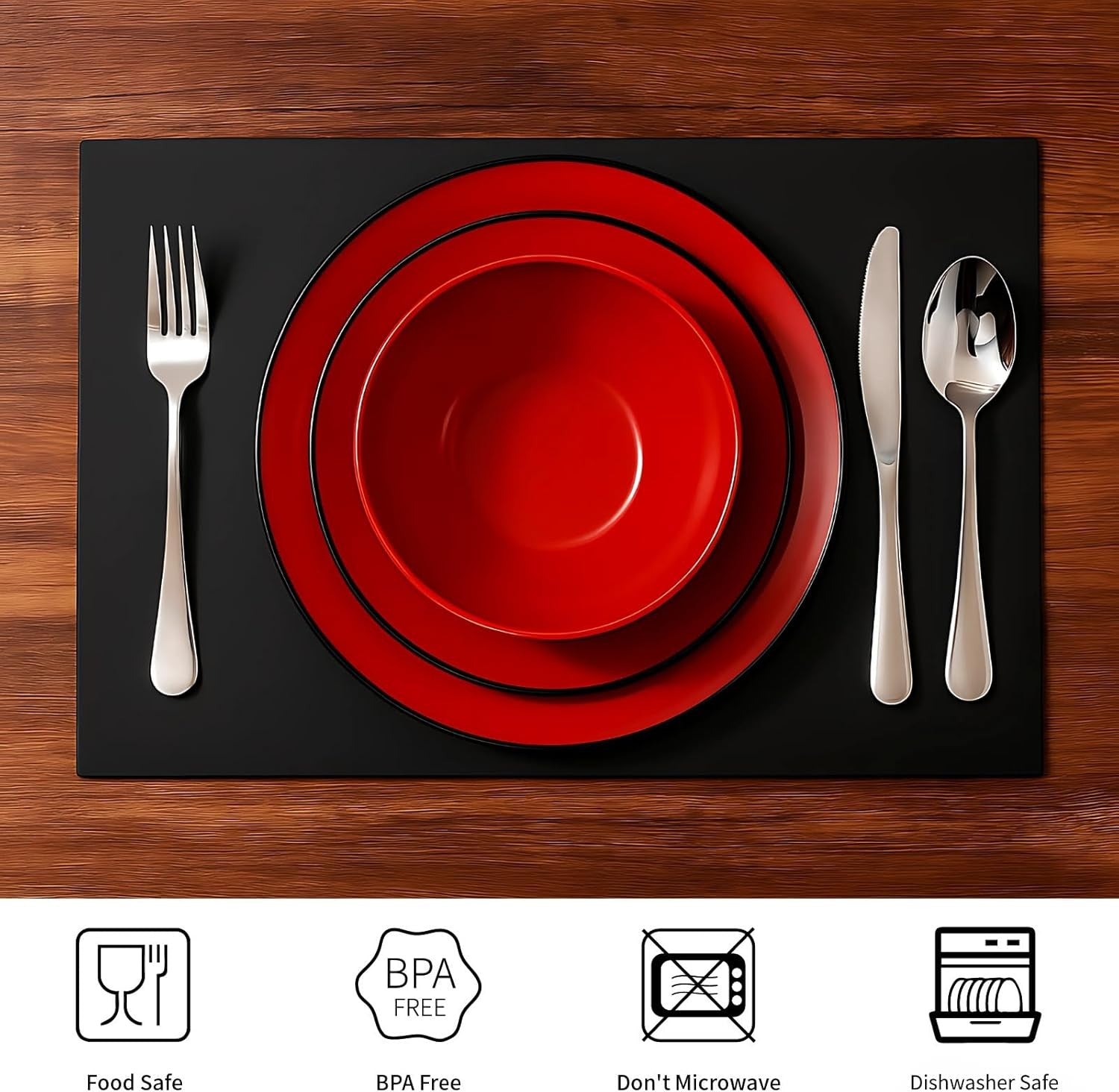 12pc Melamine Dinnerware Set Plates Bowls Black Red Non Breakable