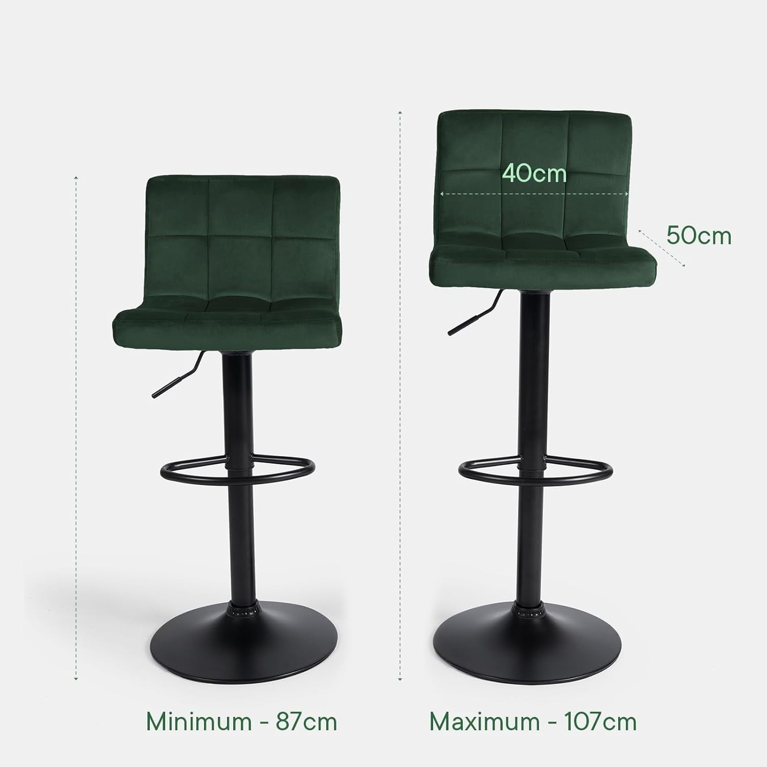 Set of 2 Adjustable Velvet Bar Stools with Swivel & Footrest – Green