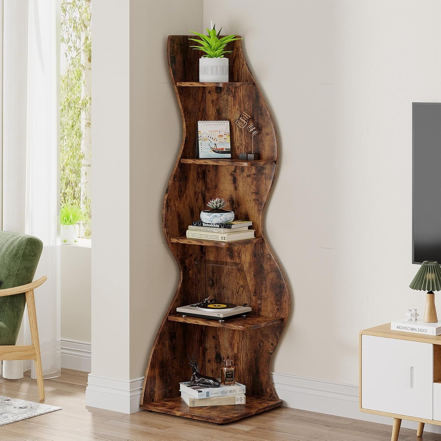 Rustic 5-Tier Wavy Corner Bookshelf | Stylish Slim Space-Saving Display Rack