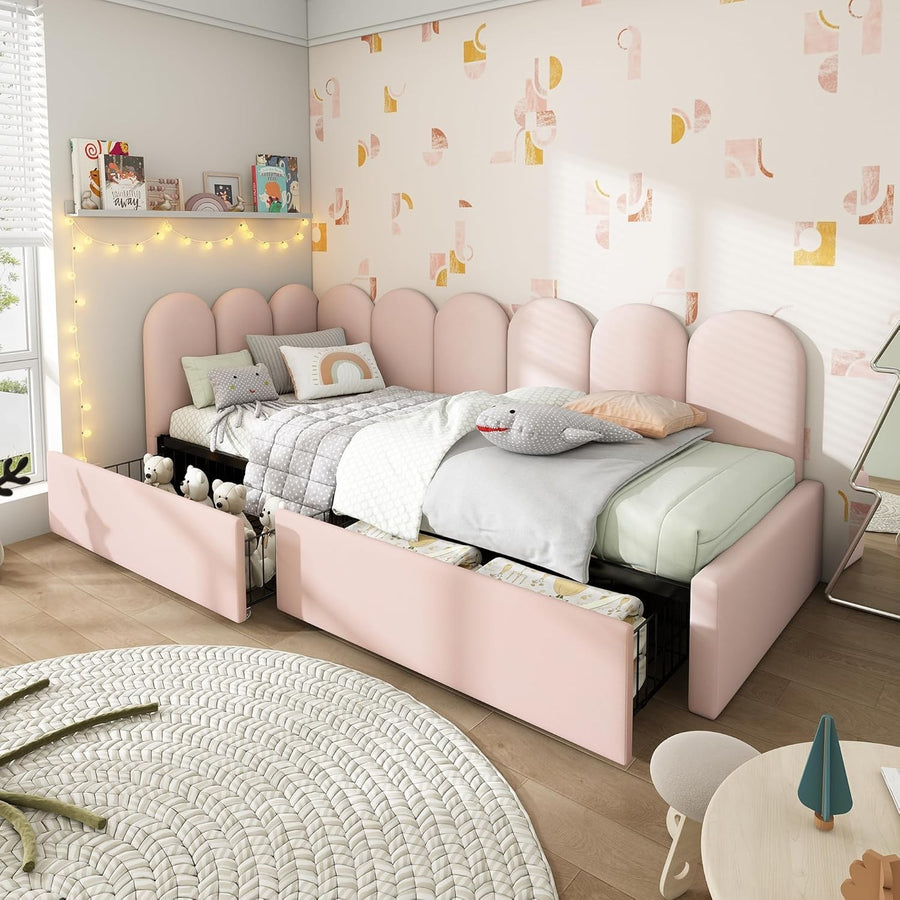 Pink Velvet Daybed Sofa Bed with Storage Drawers 3FT Single Kids Room