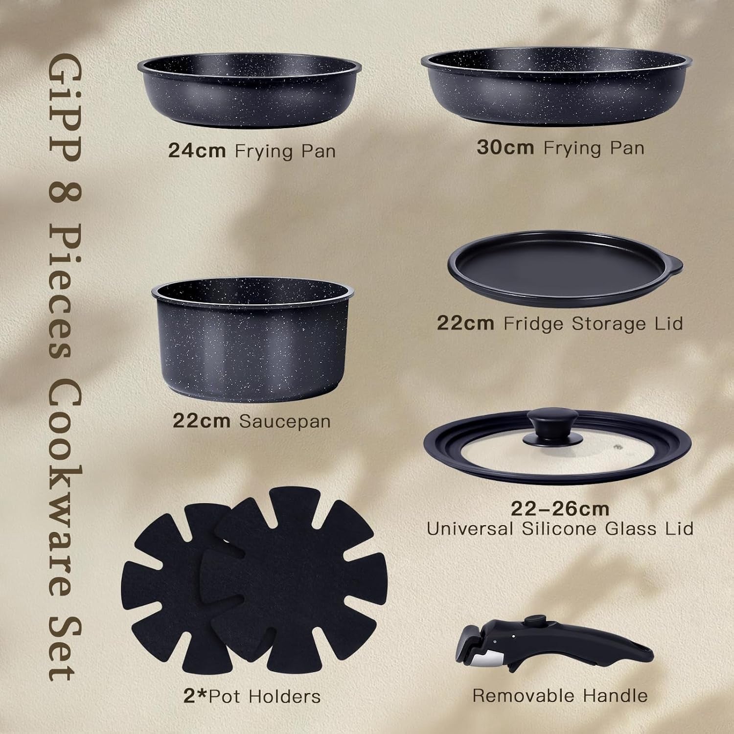 8pcs Grey Plus Ceramic Non Stick Induction Cookware Set with Detachable Handle