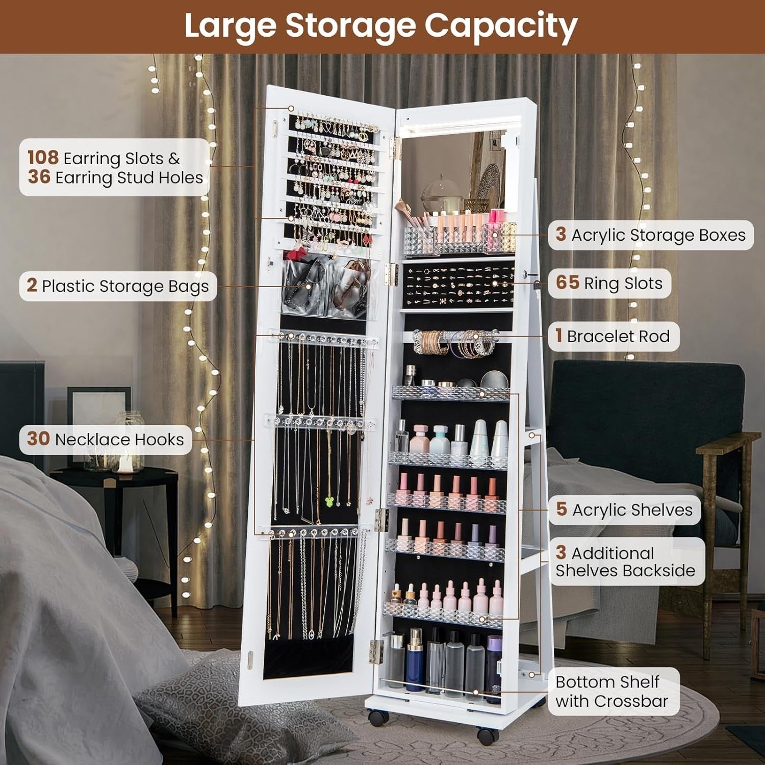 White 360° Rotating LED Jewellery Cabinet Lockable Mirror with Wheels
