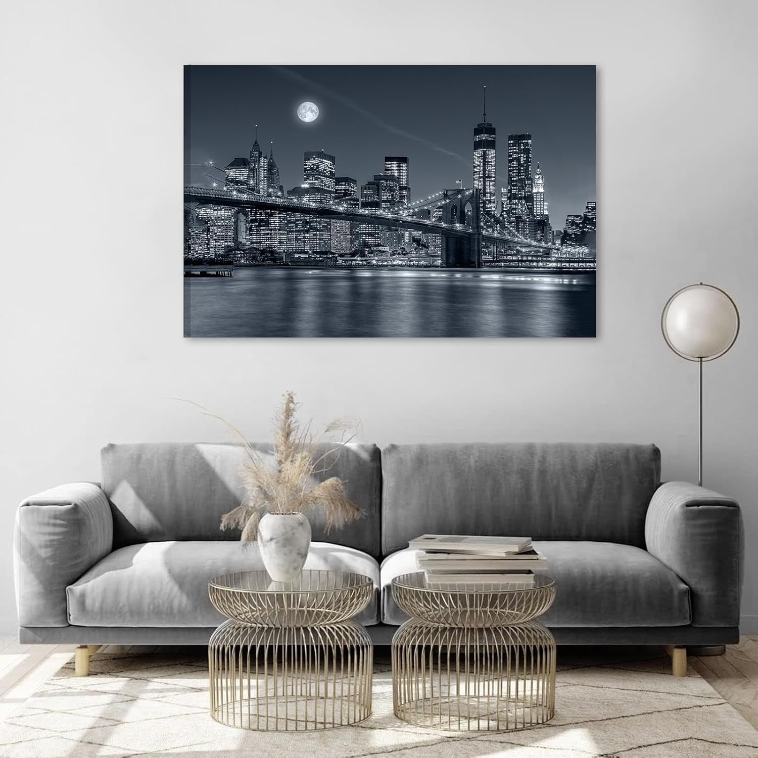 Black White Cityscape Canvas Wall Art Framed Modern Urban Night Decor