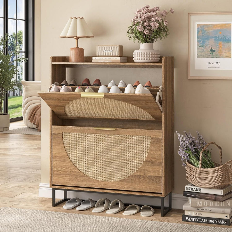 Narrow Flip Drawer Shoe Cabinet for 20-28 Pairs, Rustic Rattan Storage