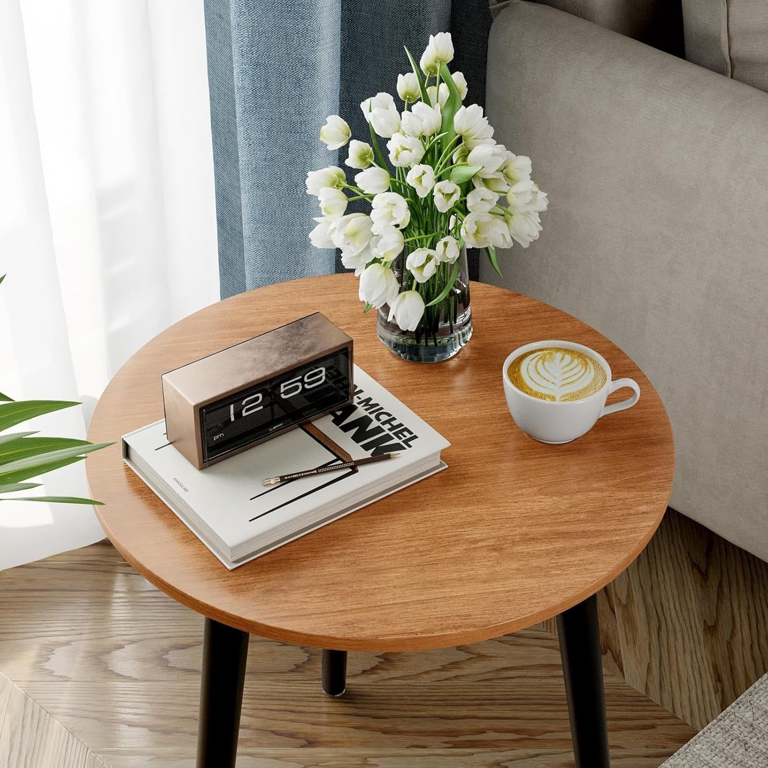 Small Walnut & Black Round Side Table 42x42x51cm, Sturdy Iron Legs.