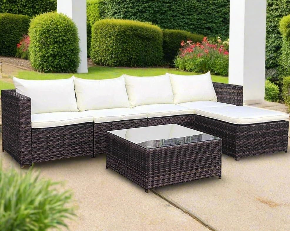 Rattan Garden Corner Sofa Set 5 Seat Patio Furniture w/ Cushions & Table