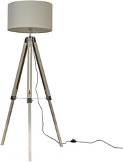 Wood Tripod Floor Lamp Beige Drum Shade Chrome Legs Modern Standing Light