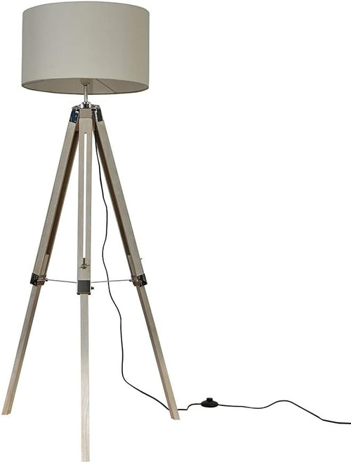 Wood Tripod Floor Lamp Beige Drum Shade Chrome Legs Modern Standing Light