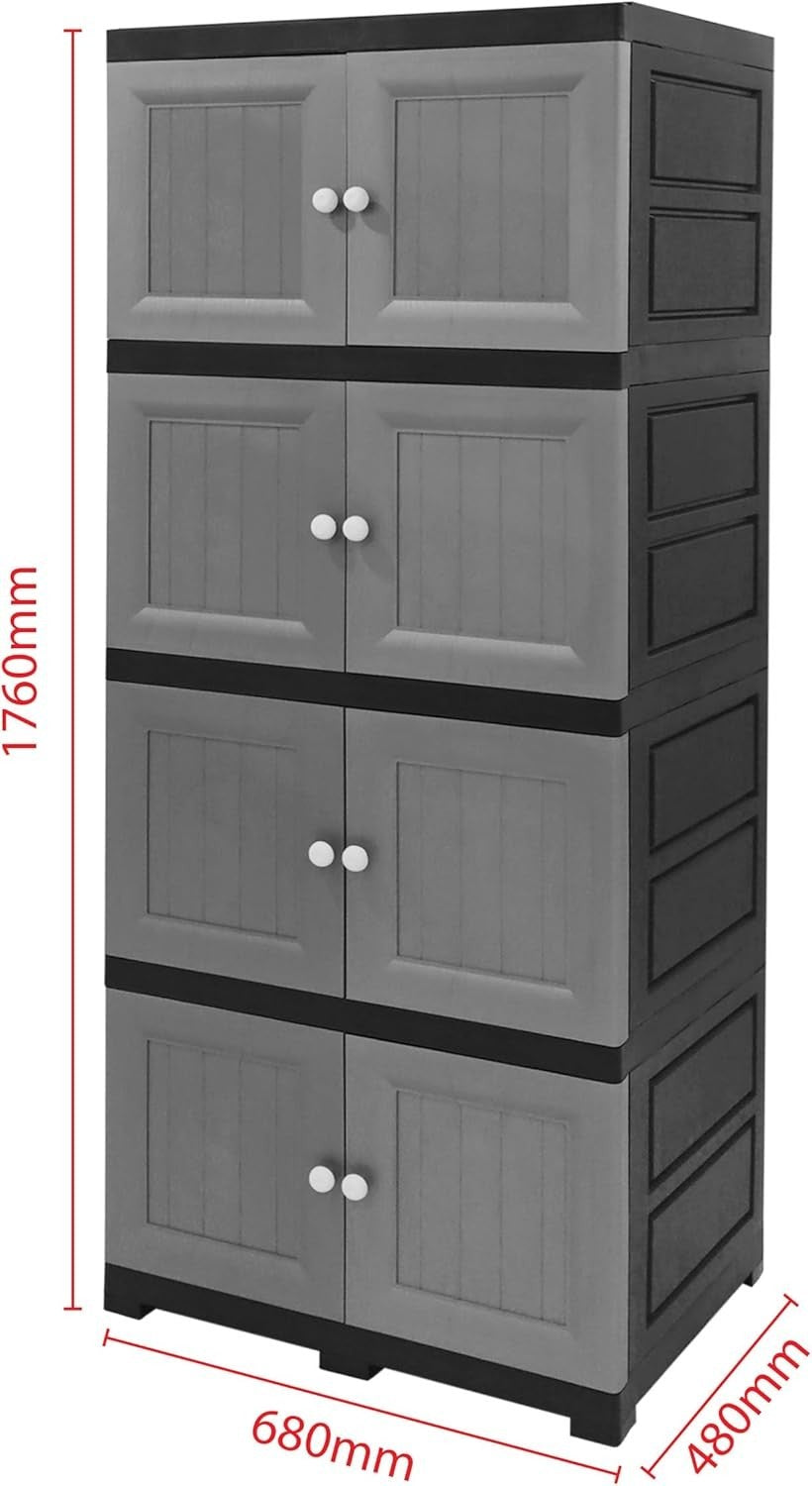 4 Tier Large Plastic Storage Cabinet Cupboard with Foldable Doors White