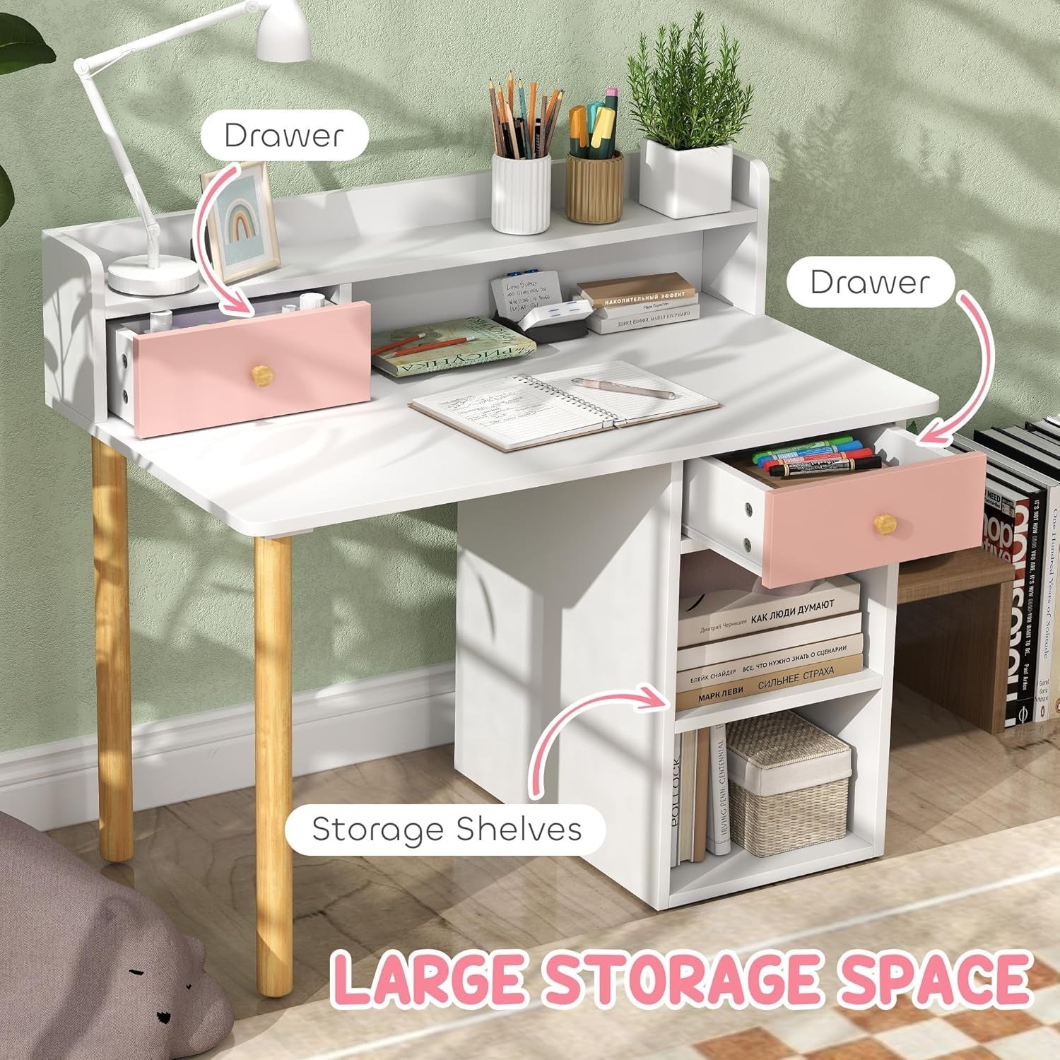 Kids Study Desk & Chair Set with Hutch, Storage Drawers, Pink for Ages 3-8
