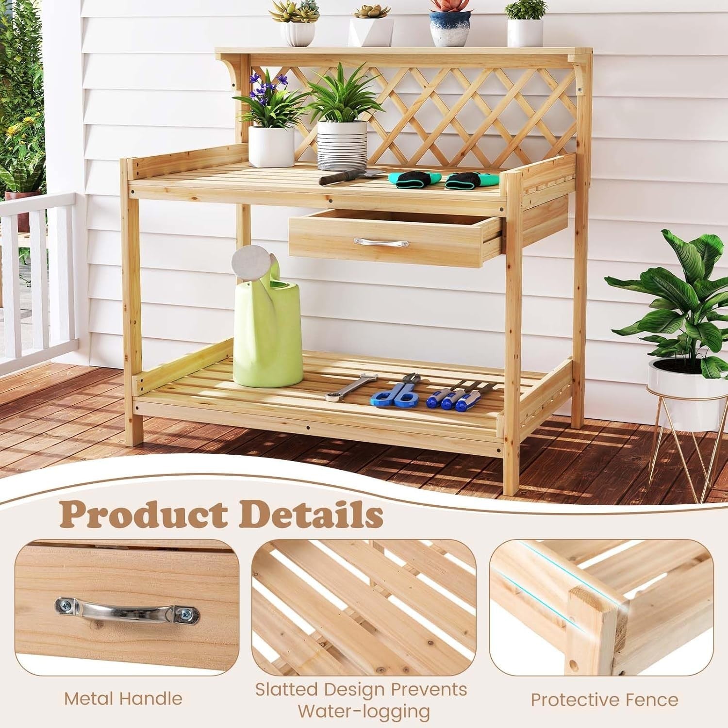 Wooden Garden Potting Table Bench w/ Trellis Drawer Shelves Fir Wood 90x59