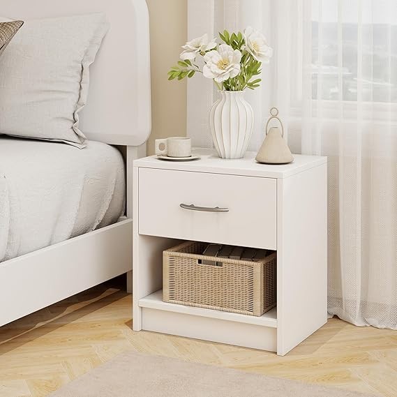 Modern White Bedside Table with Drawer & Shelf, Wooden Nightstand 38x28x40cm