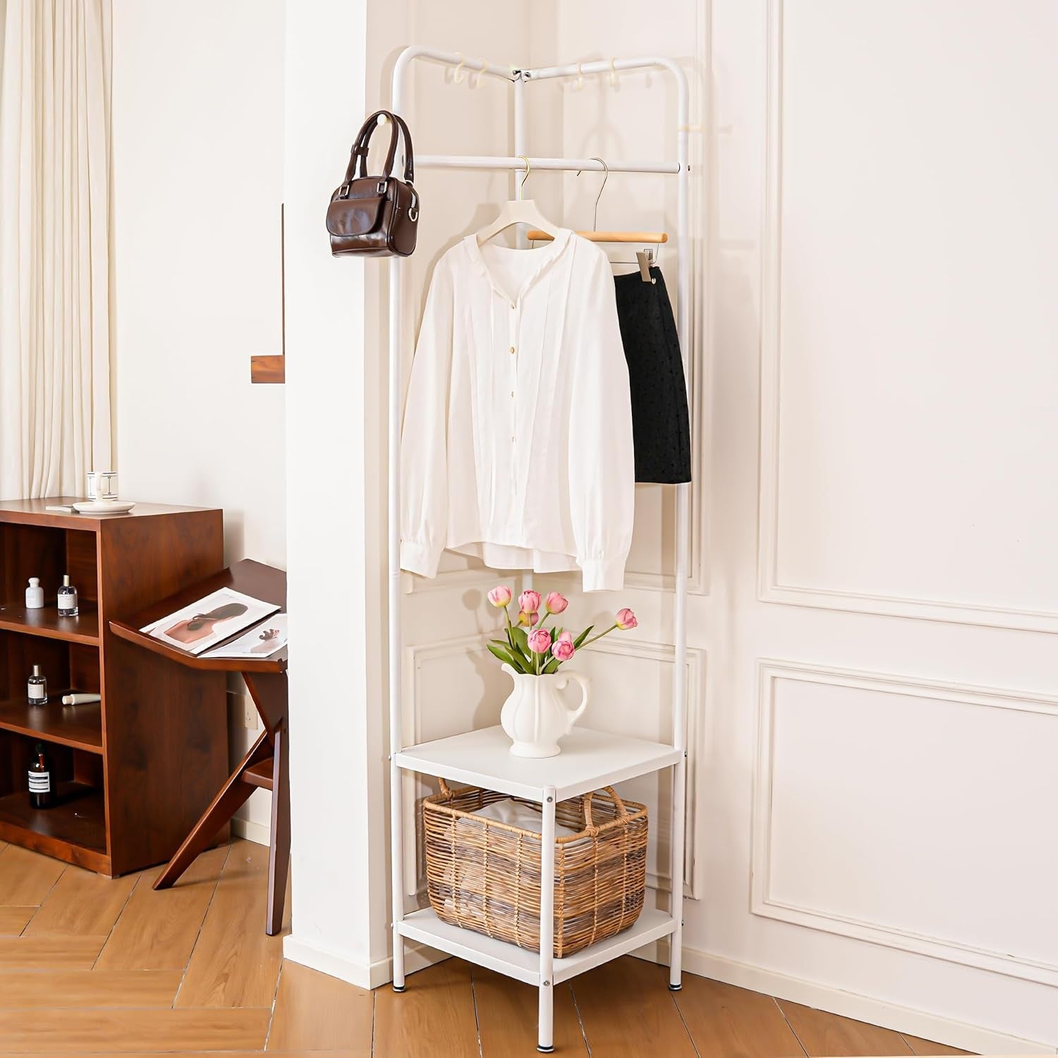 Metal Corner Coat Rack with Shelves | Space Saving Hallway Clothes Stand