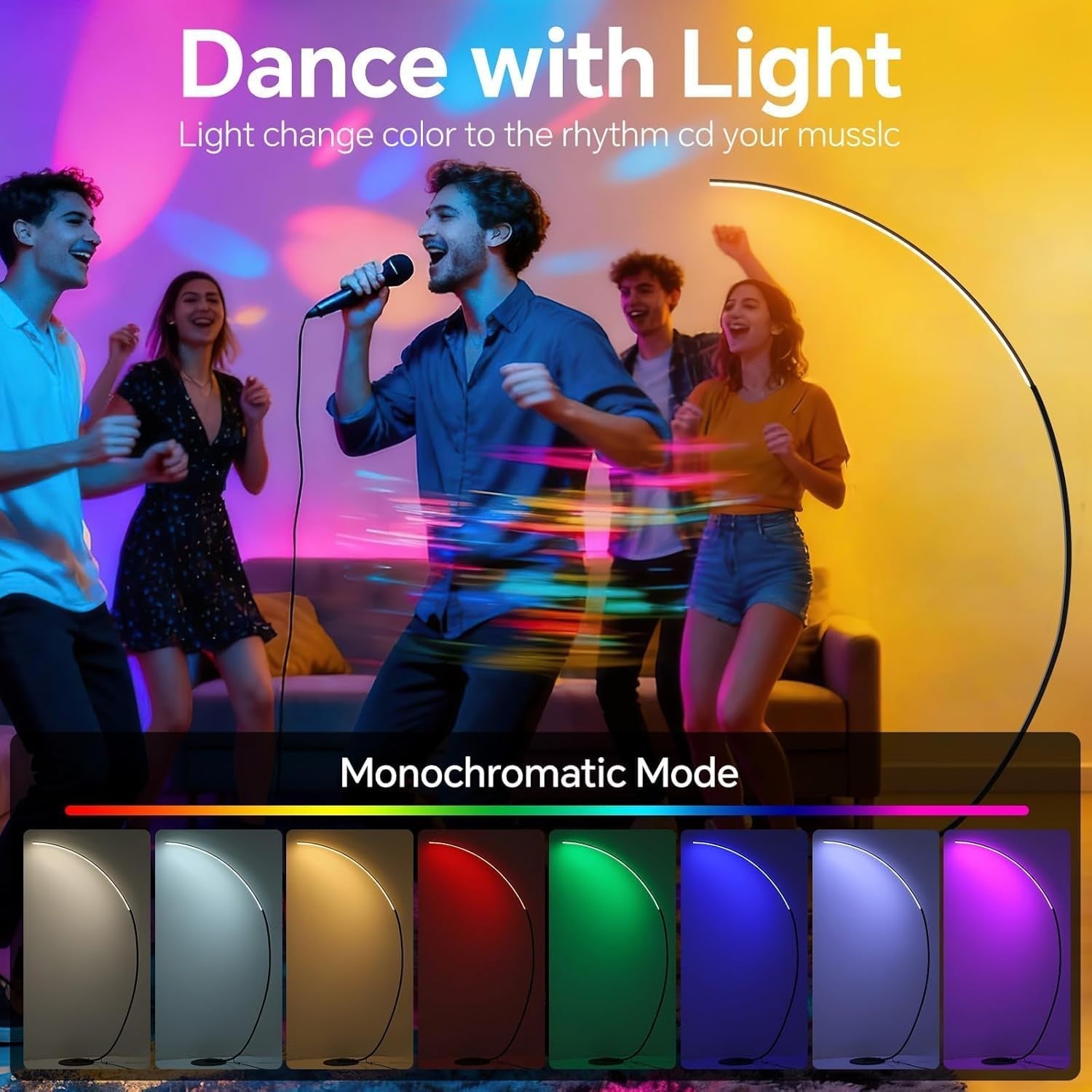 RGB Arc Floor Lamp LED Dimmable App Remote 165cm Colour Changing Light