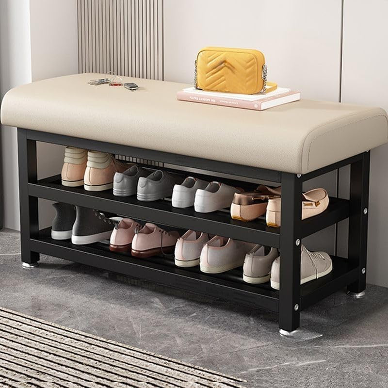 Black Metal Shoe Storage Bench with Cushion – 120cm Modern Hallway Seat