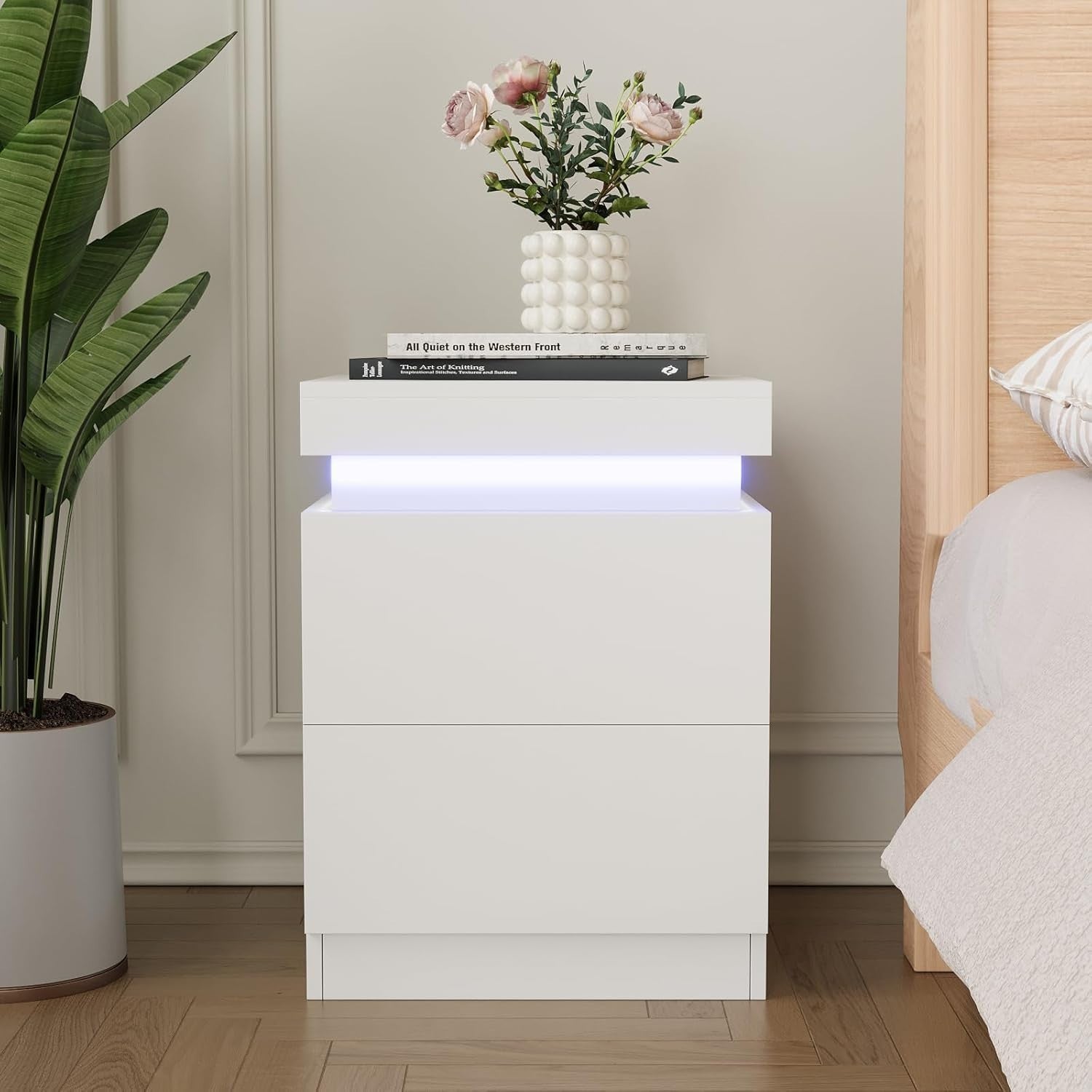 Modern LED Bedside Tables Set of 2 with USB Charging | White 2 Drawer Nightstand