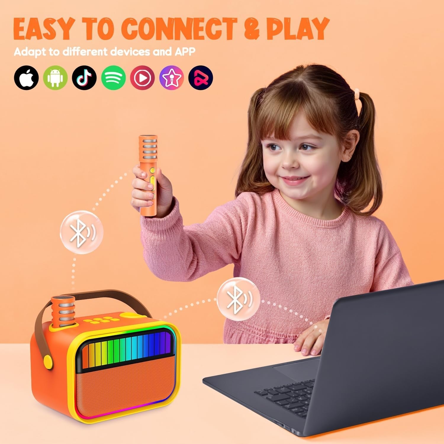 Kids Karaoke Machine 2 Mics Bluetooth LED Party Speaker Orange