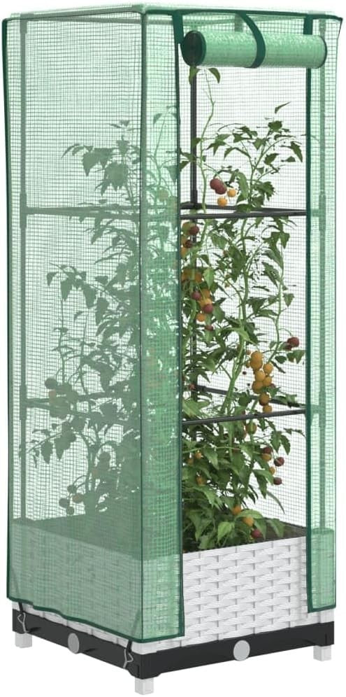 Compact Raised Garden Planter with Greenhouse Cover 40x40x123cm | White Rattan