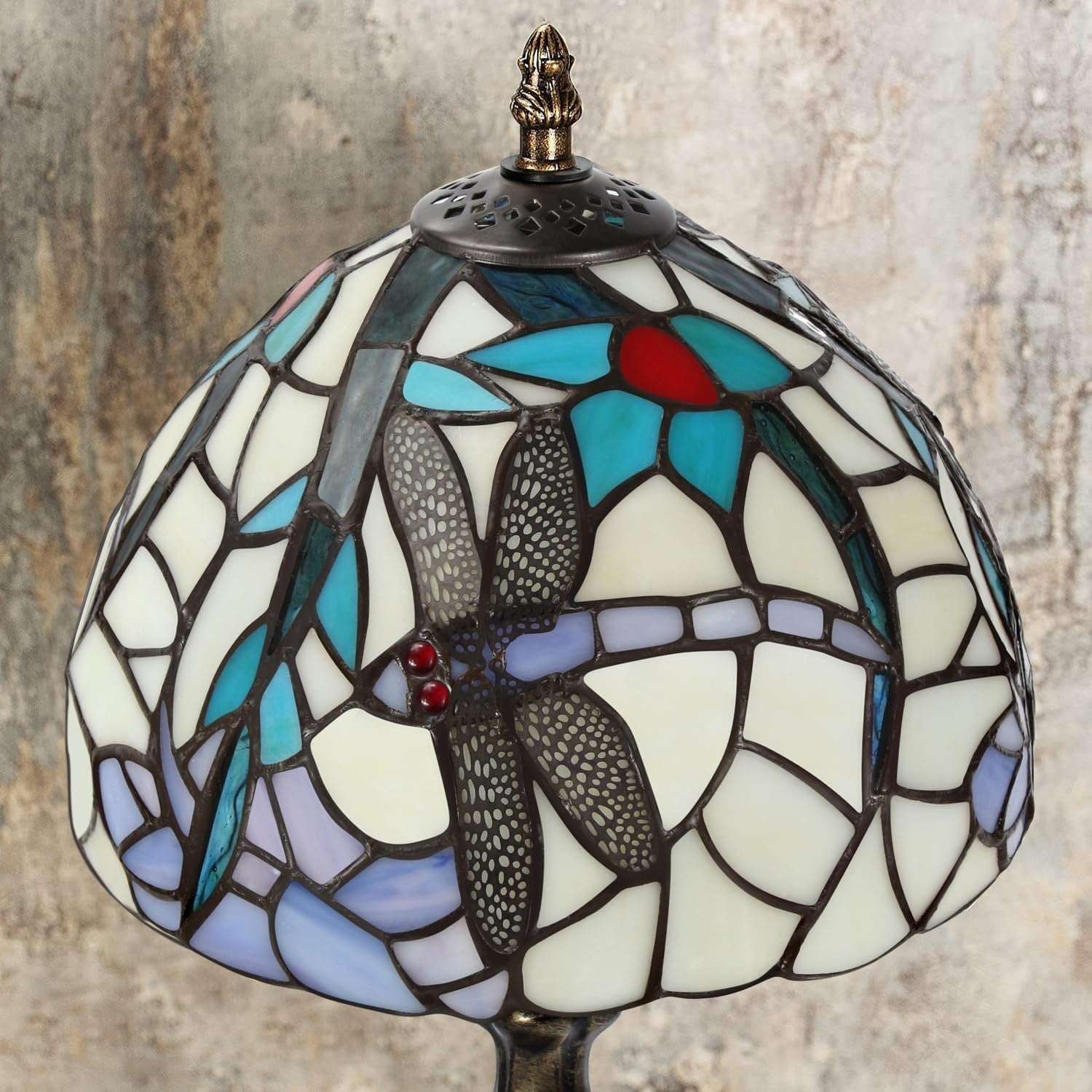 Handmade Stained Glass Table Lamp Dragonfly Shade Vintage Desk Light