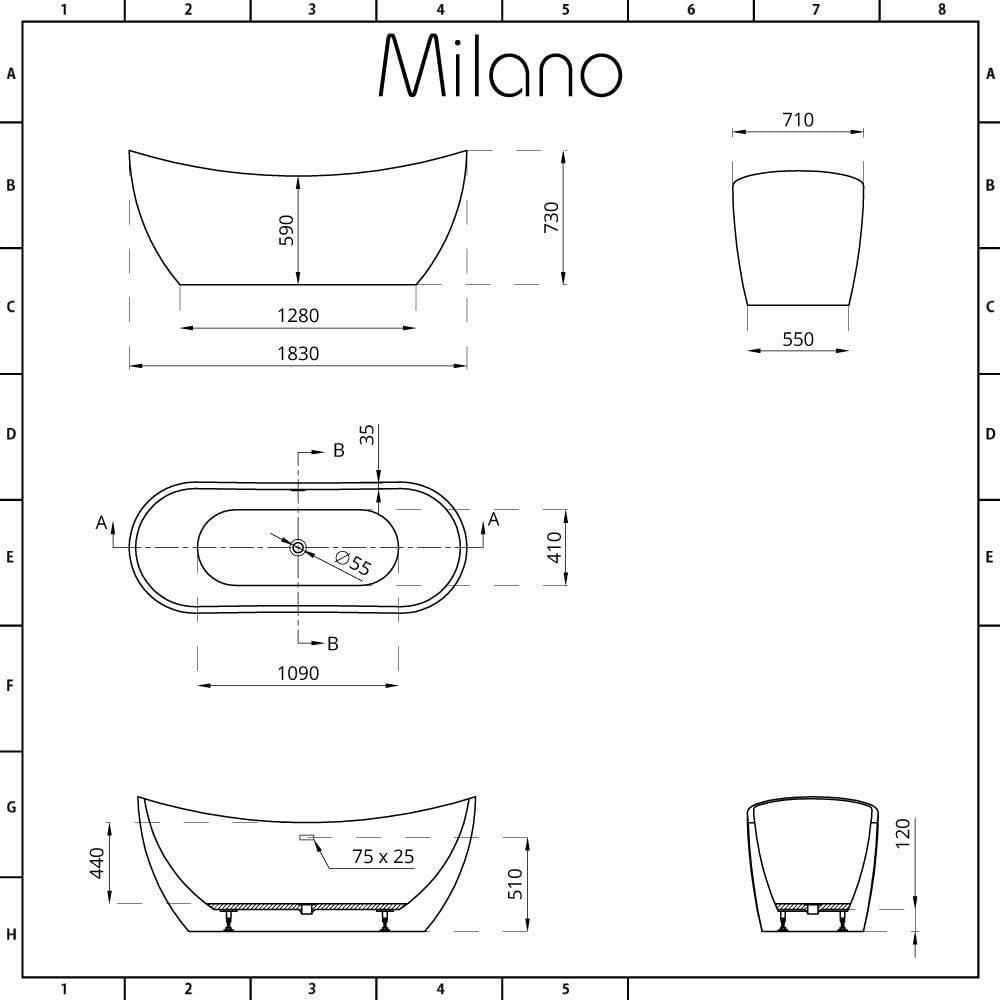 White Double Ended Freestanding Oval Bath 1830x710mm Black Overflow