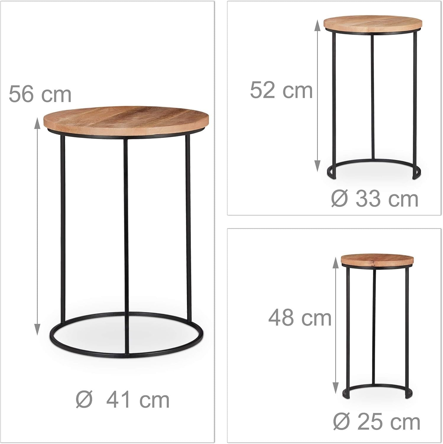 End Table Set of 3 Black Modern Round Wood/Metal Nesting Tables Home Decor