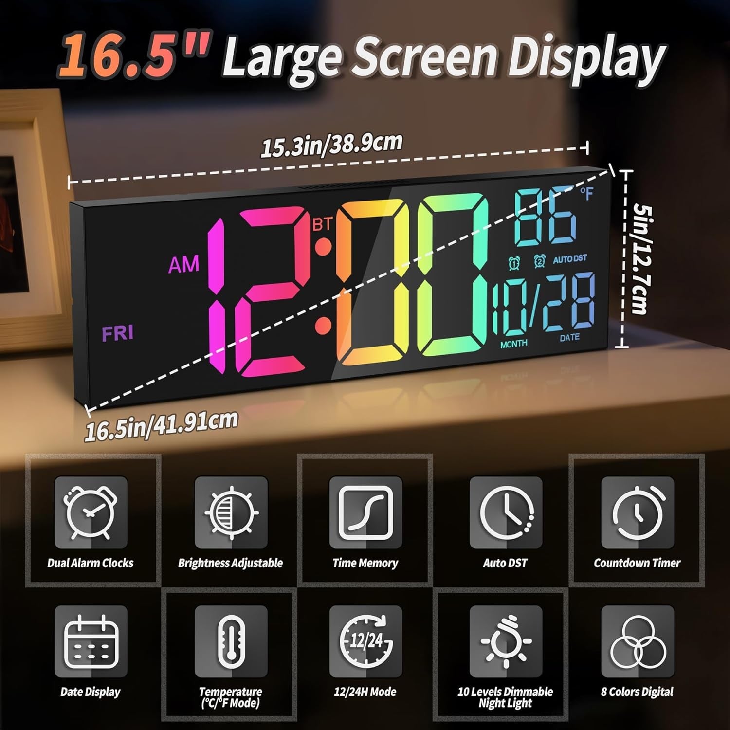 16.5" Large Digital Wall Clock RGB LED Display Temp Date Alarms Remote Sync