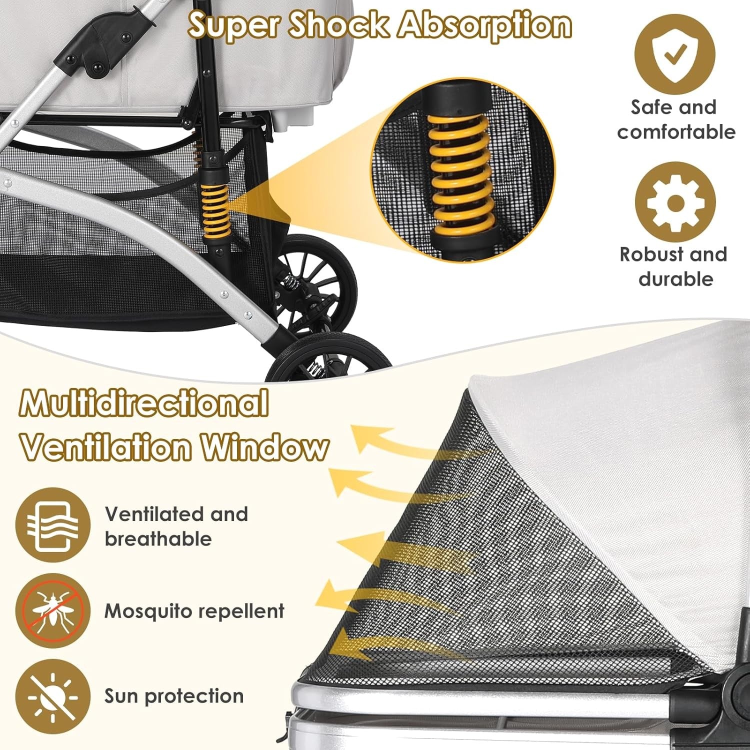 3 in 1 Dog Stroller Folding Pet Pram 360 Wheels Travel Carrier Storage Grey