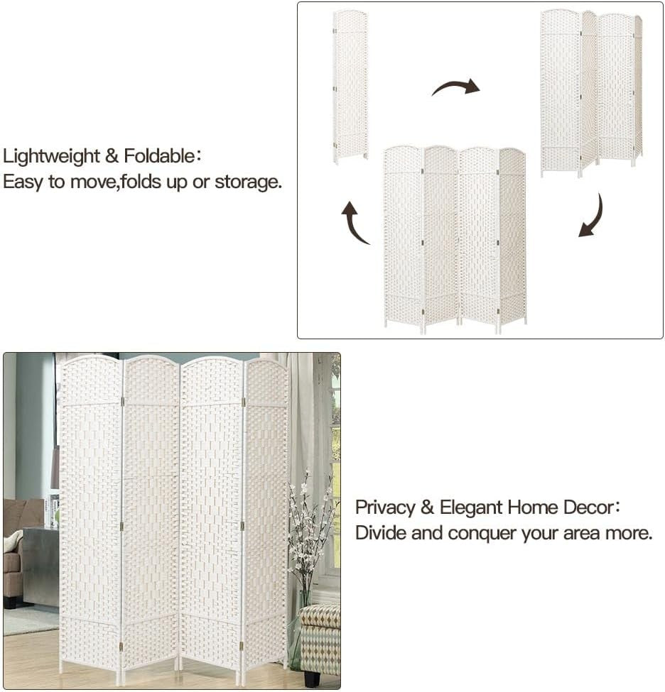 White 4 Panel Wicker Folding Room Divider Handwoven Privacy Screen 170cm