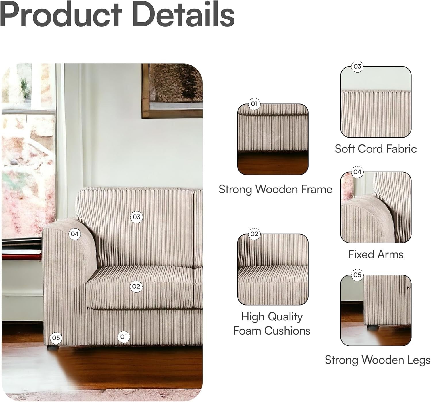 High Back Jumbo Cord 4-Seater Right Hand Corner Sofa Cream L-Shape
