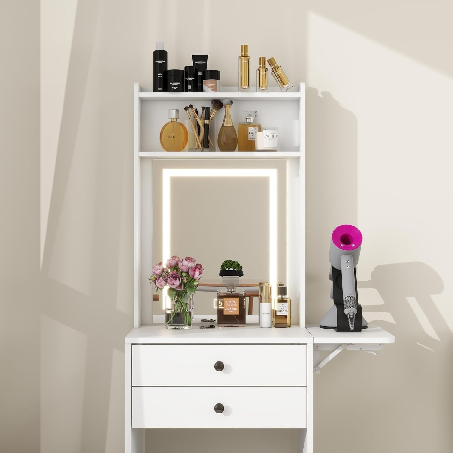 LED Vanity Dressing Table Mirror Desk Stool Set Compact Small Space Storage Whit